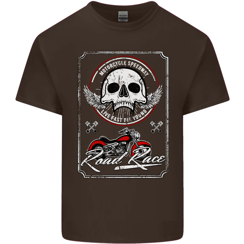 Motorcycle Road Race Biker Motorbike Skull Mens Cotton T-Shirt Tee Top Dark Chocolate