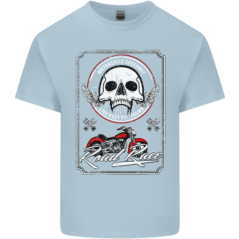 Motorcycle Road Race Biker Motorbike Skull Mens Cotton T-Shirt Tee Top Light Blue
