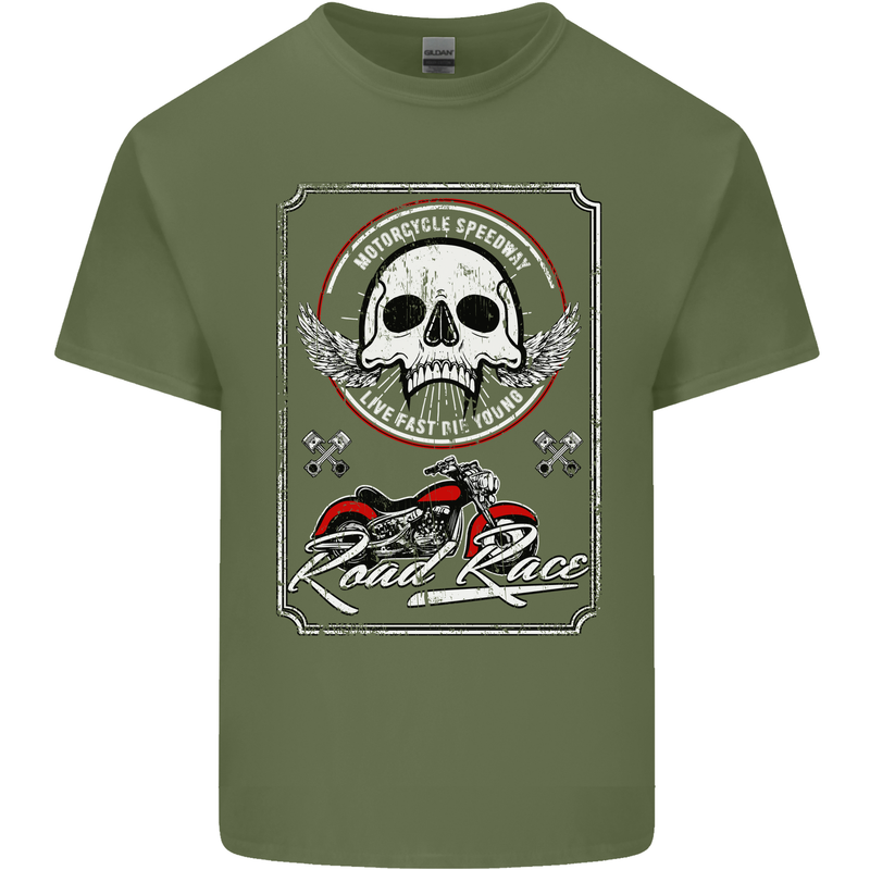 Motorcycle Road Race Biker Motorbike Skull Mens Cotton T-Shirt Tee Top Military Green