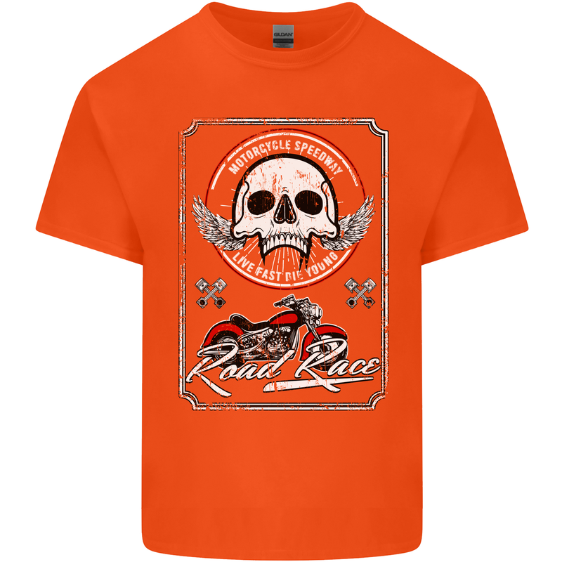 Motorcycle Road Race Biker Motorbike Skull Mens Cotton T-Shirt Tee Top Orange
