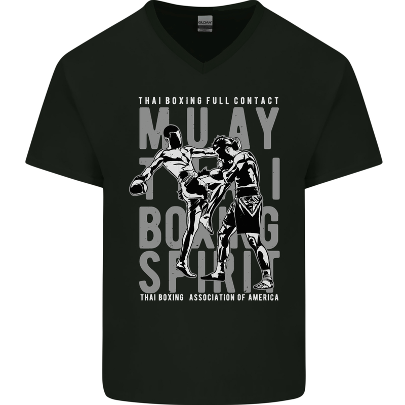 Muay Thai Boxing Spirit MMA Kick Boxing Mens V-Neck Cotton T-Shirt Black