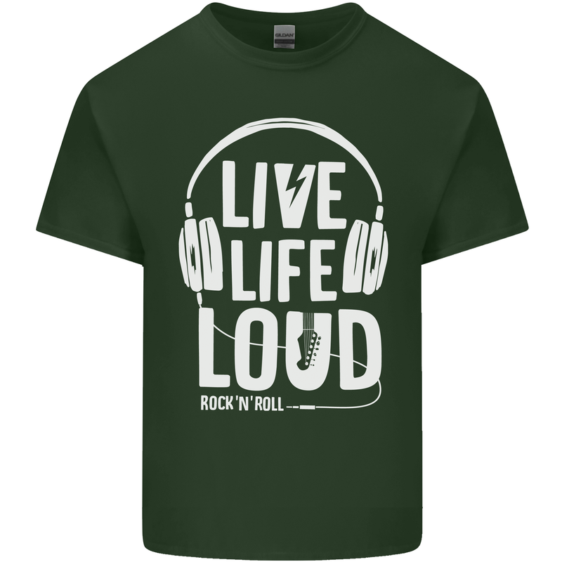 Music Live Life Loud Rock n Roll Guitar Mens Cotton T-Shirt Tee Top Forest Green