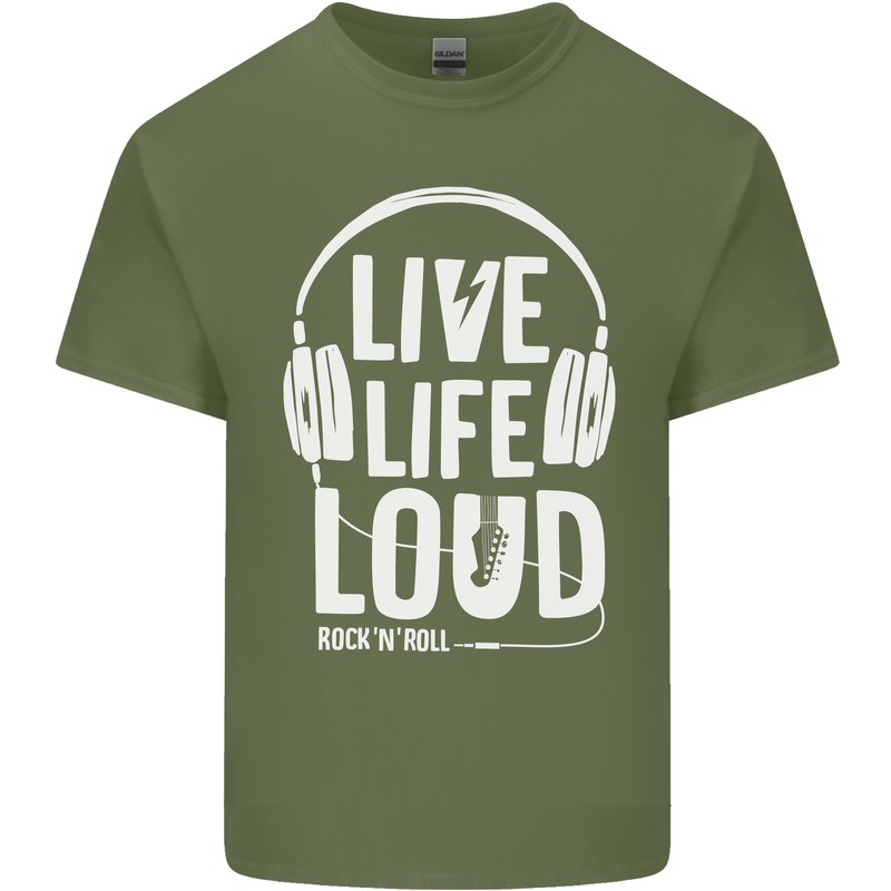 Music Live Life Loud Rock n Roll Guitar Mens Cotton T-Shirt Tee Top Military Green
