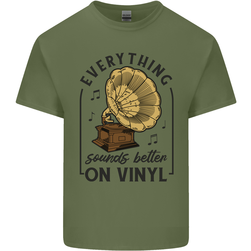 Music Sounds Better on Vinyl Records DJ Mens Cotton T-Shirt Tee Top Military Green