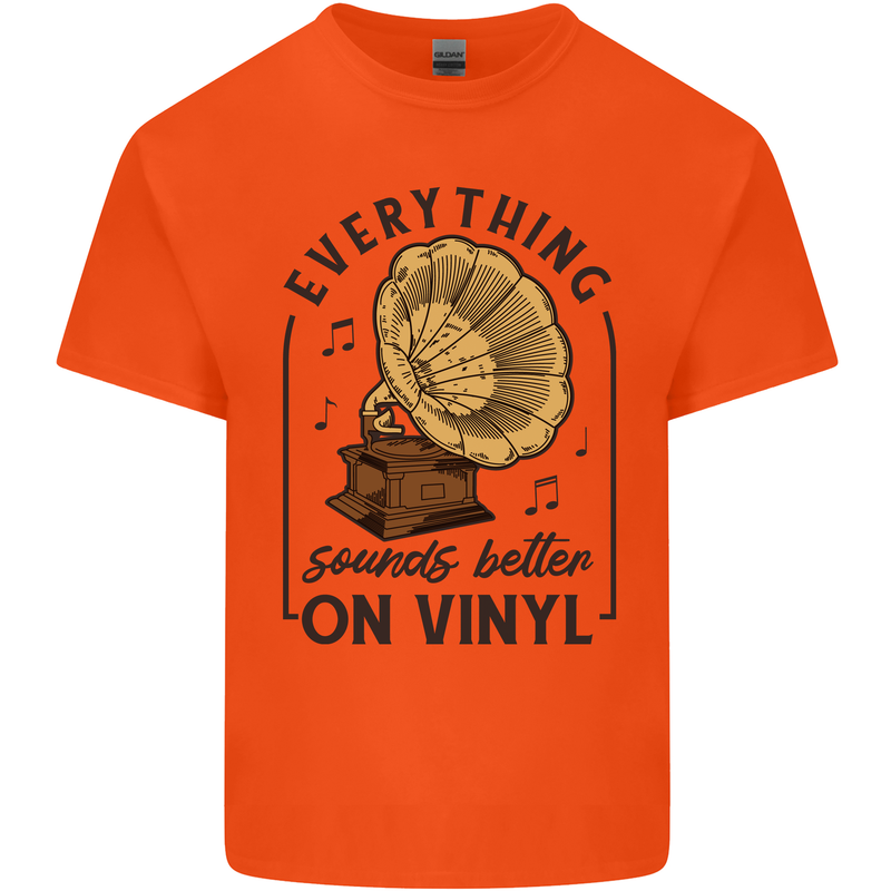 Music Sounds Better on Vinyl Records DJ Mens Cotton T-Shirt Tee Top Orange