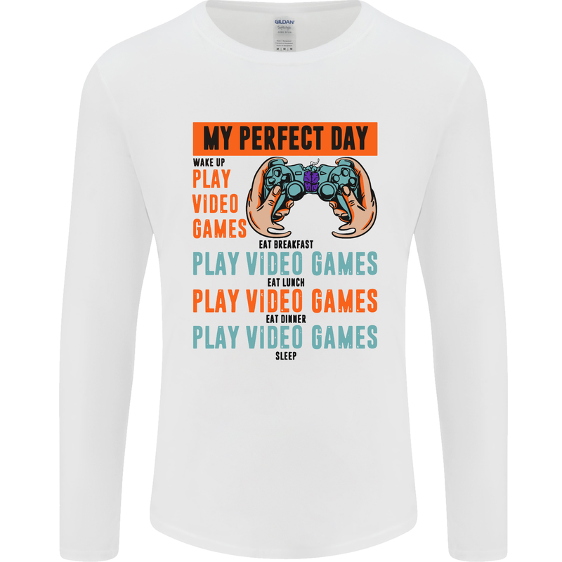 My Perfect Day Video Games Gaming Gamer Mens Long Sleeve T-Shirt White