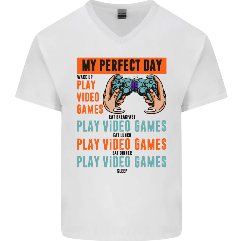 My Perfect Day Video Games Gaming Gamer Mens V-Neck Cotton T-Shirt White