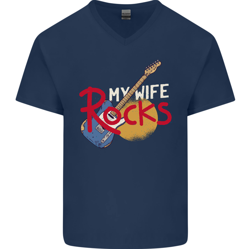 My Wife Rocks Funny Music Guitar Mens V-Neck Cotton T-Shirt Navy Blue