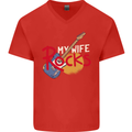 My Wife Rocks Funny Music Guitar Mens V-Neck Cotton T-Shirt Red