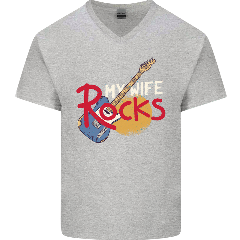 My Wife Rocks Funny Music Guitar Mens V-Neck Cotton T-Shirt Sports Grey