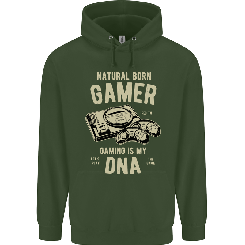 Natural Born Gamer Funny Gaming Mens 80% Cotton Hoodie Forest Green