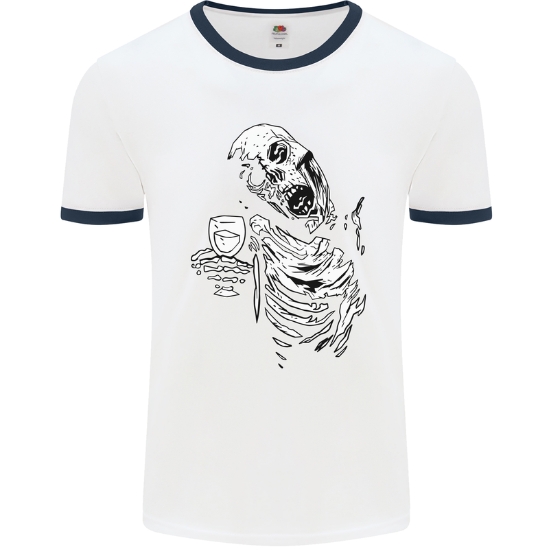 Zombie Cheer Skull Halloween Alcohol Beer Mens Ringer T-Shirt White/Navy Blue