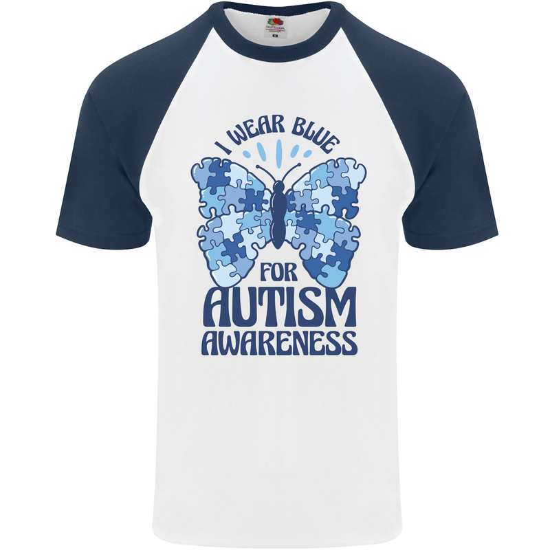 I Wear Blue For Autism Butterfly Autistic Mens S/S Baseball T-Shirt White/Navy Blue