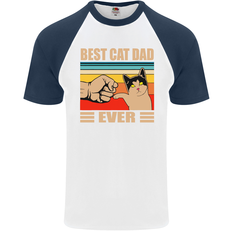 Best Cat Dad Ever Funny Father's Day Mens S/S Baseball T-Shirt White/Navy Blue