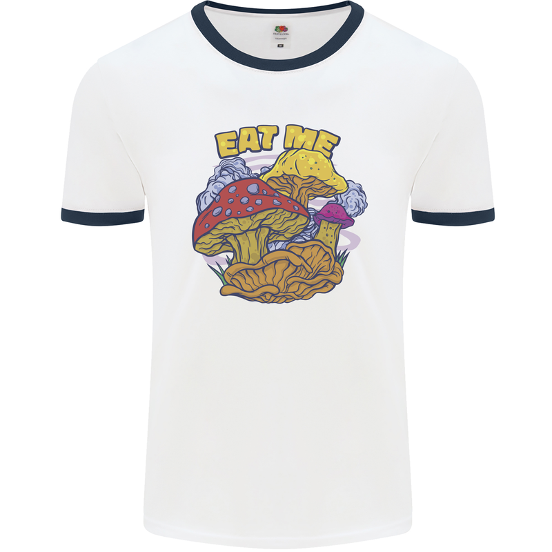 Eat Me Mushroom Fungi Mycology Mens Ringer T-Shirt White/Navy Blue