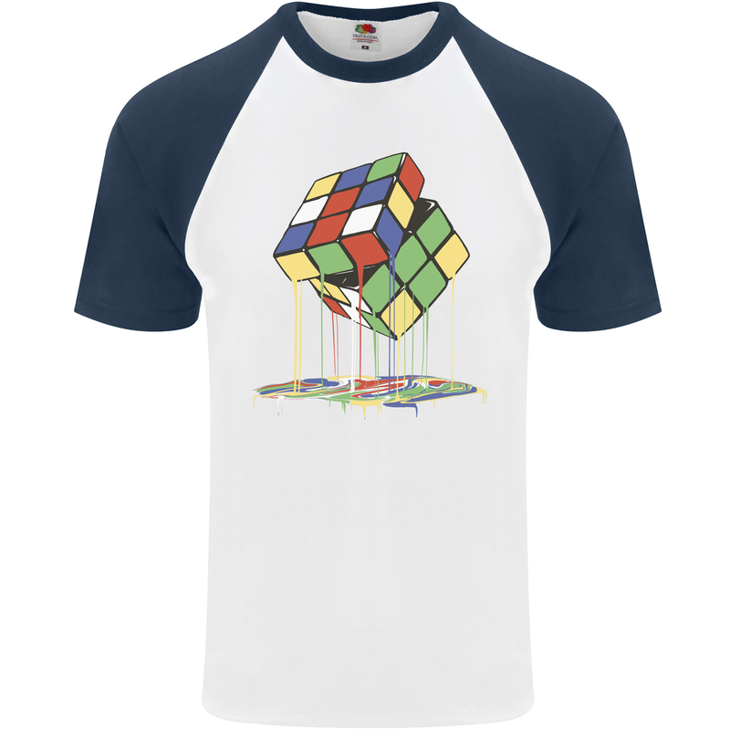 Dripping Rubik Cube Funny Puzzle Mens S/S Baseball T-Shirt White/Navy Blue
