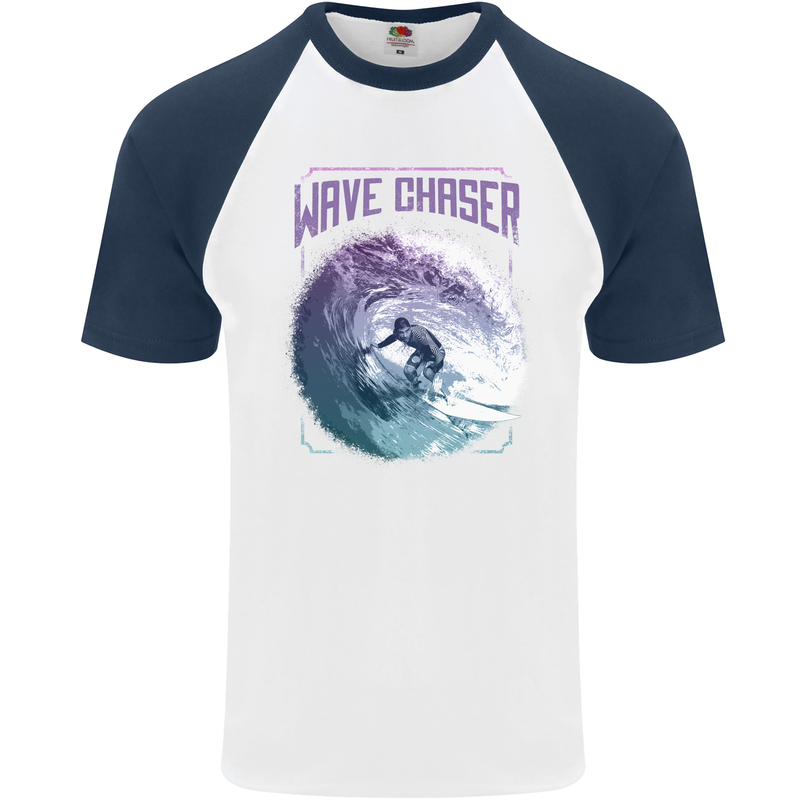 Wave Chaser Surfing Surfer Mens S/S Baseball T-Shirt White/Navy Blue