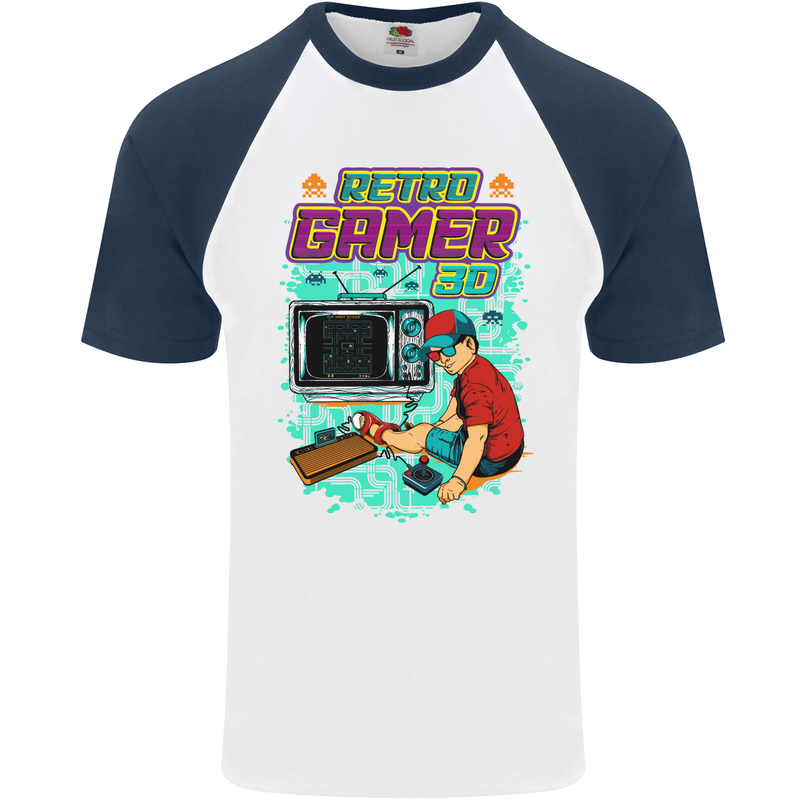Retro Gamer Arcade Games Gaming Mens S/S Baseball T-Shirt White/Navy Blue