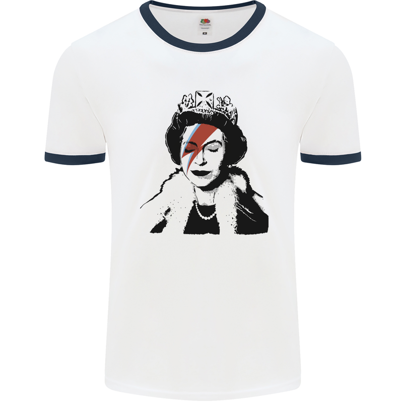 Banksy The Queen with a Bowie Look Mens White Ringer T-Shirt White/Navy Blue