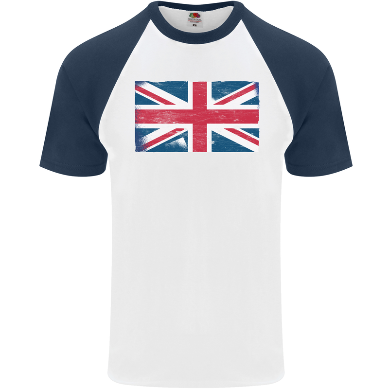 Distressed Union Jack Flag Great Britain Mens S/S Baseball T-Shirt White/Navy Blue