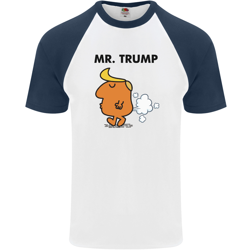 Donald Trump Fart Farting Flatulence Funny Mens S/S Baseball T-Shirt White/Navy Blue