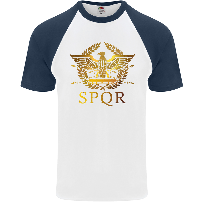 Gym Training Top Weightlifting SPQR Roman Mens S/S Baseball T-Shirt White/Navy Blue