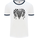 Tribal Bull Skull Buffalo Mens White Ringer T-Shirt White/Navy Blue
