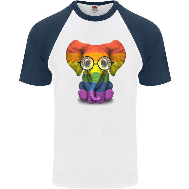 LGBT Elephant Gay Pride Day Awareness Mens S/S Baseball T-Shirt White/Navy Blue