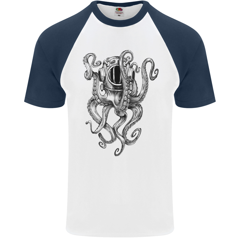 Scuba Diving Octopus Diver Mens S/S Baseball T-Shirt White/Navy Blue