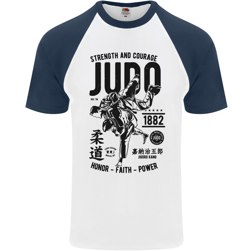 Judo Strength and Courage Martial Arts MMA Mens S/S Baseball T-Shirt White/Navy Blue