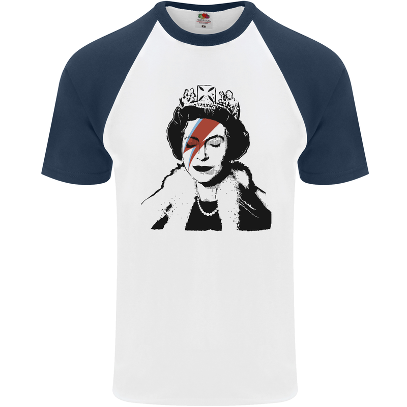 Banksy The Queen with a Bowie Look Mens S/S Baseball T-Shirt White/Navy Blue