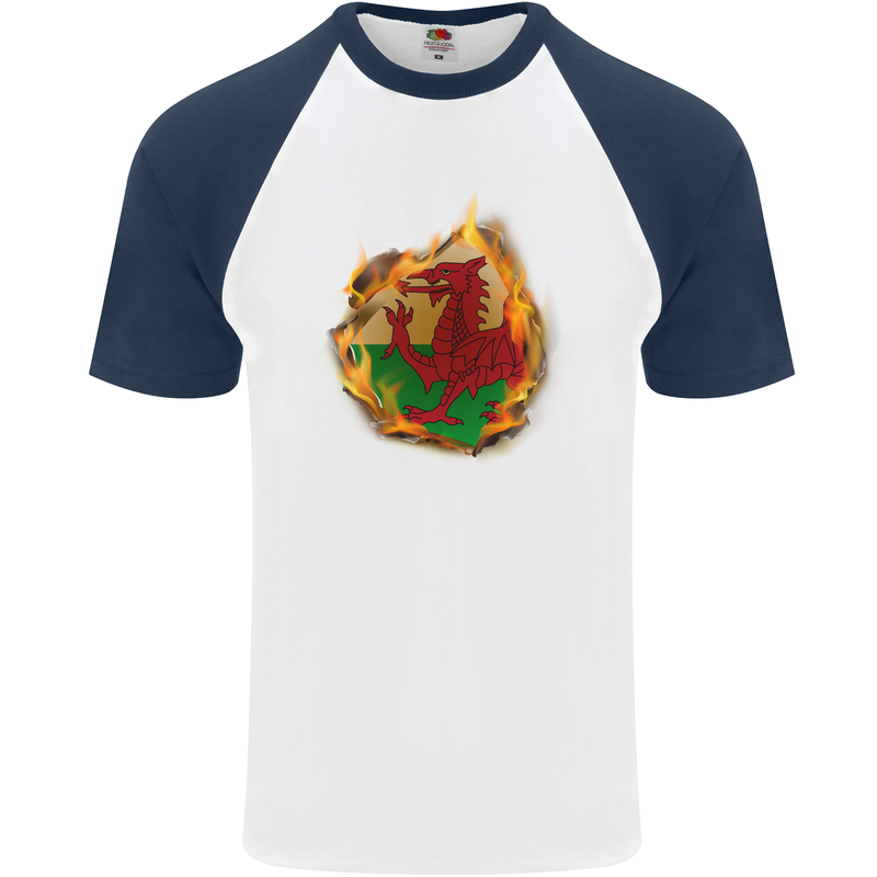 The Welsh Flag Fire Effect Wales Mens S/S Baseball T-Shirt White/Navy Blue