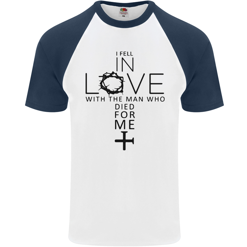 In Love With the Cross Christian Christ Mens S/S Baseball T-Shirt White/Navy Blue