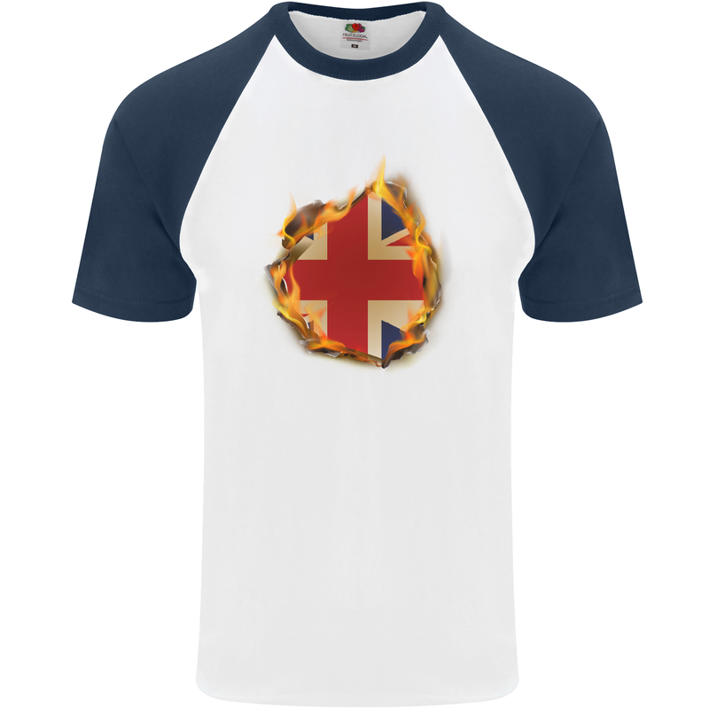 Union Jack Flag Fire Effect Great Britain Mens S/S Baseball T-Shirt White/Navy Blue