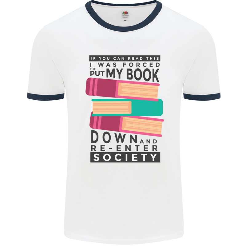 Book Reading Re-Enter Society Funny Mens White Ringer T-Shirt White/Navy Blue