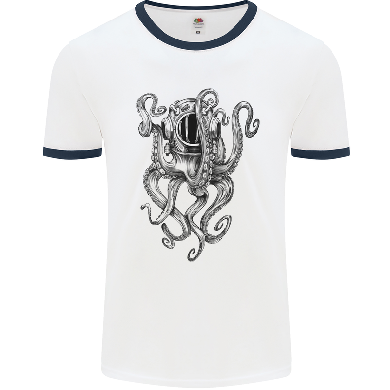 Scuba Diving Octopus Diver Mens White Ringer T-Shirt White/Navy Blue
