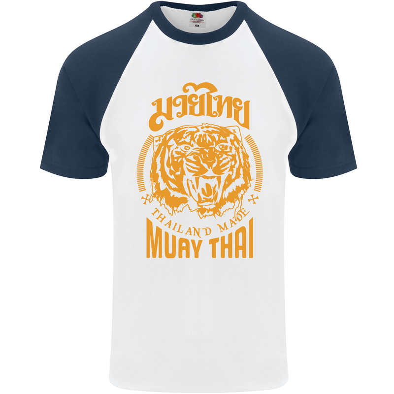 Muay Thai Fighter Warrior MMA Martial Arts Mens S/S Baseball T-Shirt White/Navy Blue