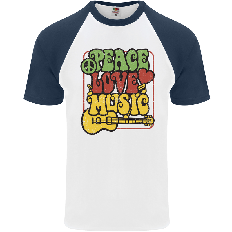 Peace Love Music Guitar Hippy Flower Power Mens S/S Baseball T-Shirt White/Navy Blue