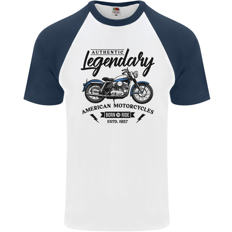Legendary Motorcycles Biker Cafe Racer Mens S/S Baseball T-Shirt White/Navy Blue