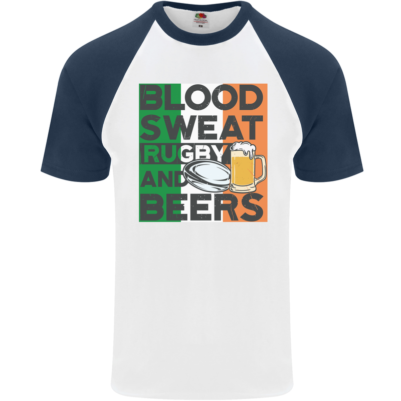 Blood Sweat Rugby and Beers Ireland Funny Mens S/S Baseball T-Shirt White/Navy Blue