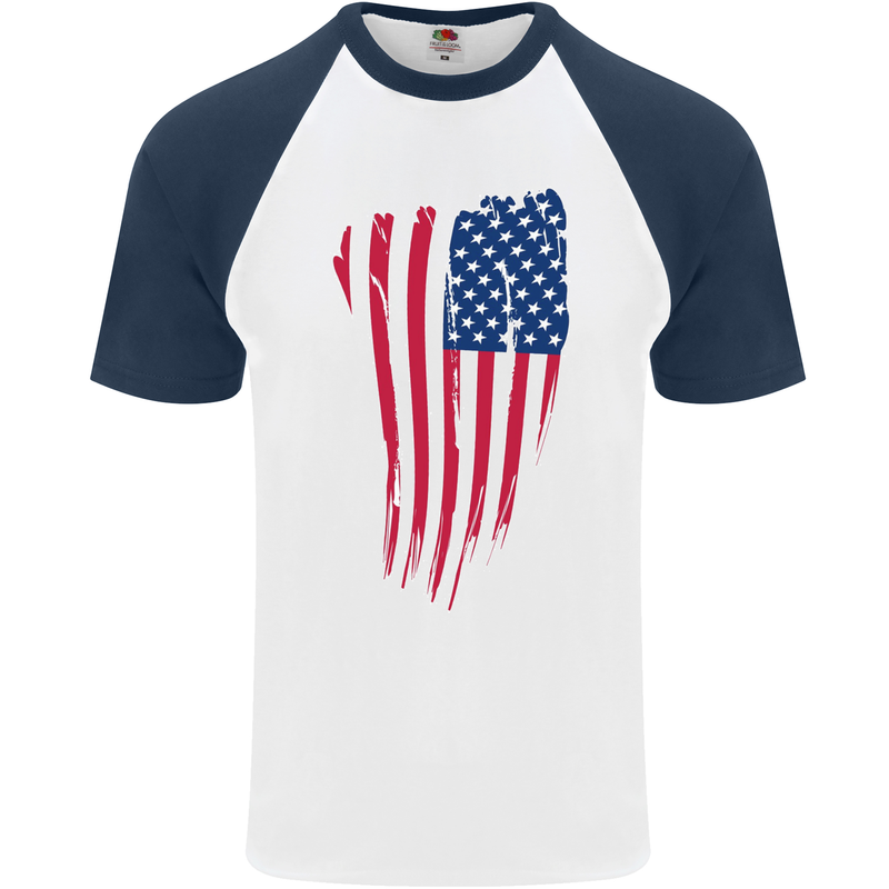 USA Stars & Stripes Flag July 4th America Mens S/S Baseball T-Shirt White/Navy Blue