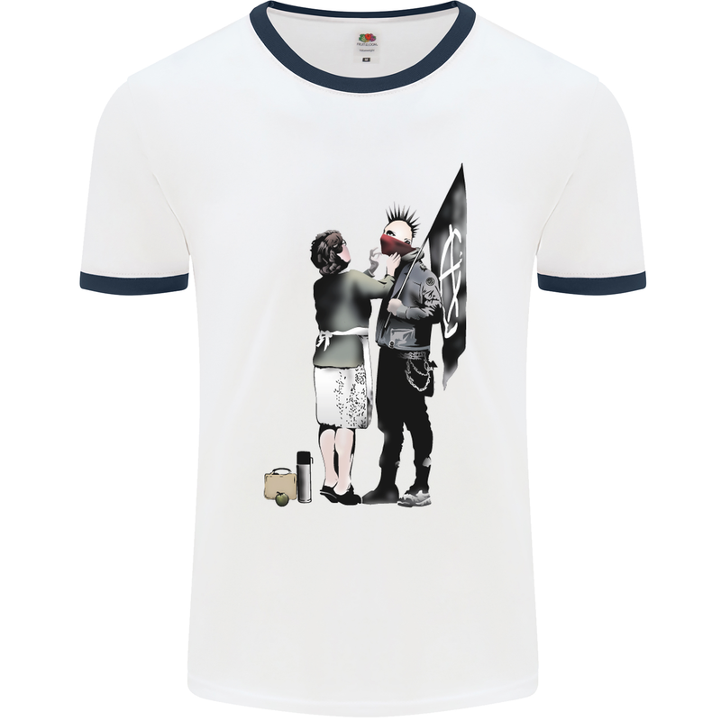 Anarchy Banksy Punk Mum Mens White Ringer T-Shirt White/Navy Blue