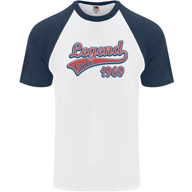 Legend Since 54th Birthday 1969 Mens S/S Baseball T-Shirt White/Navy Blue