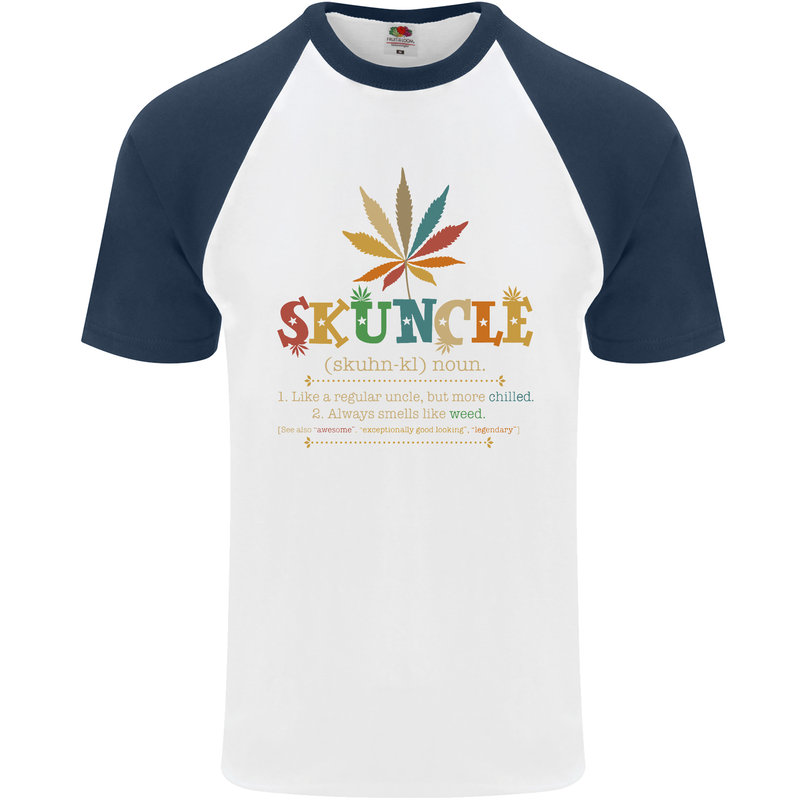 Skuncle Uncle That Smokes Weed Funny Drugs Mens S/S Baseball T-Shirt White/Navy Blue