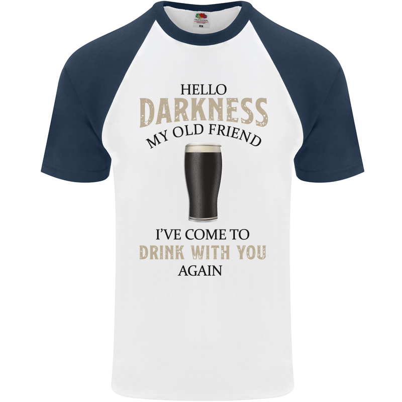 Hellow Darkness My Old Friend Funny Alcohol Mens S/S Baseball T-Shirt White/Navy Blue