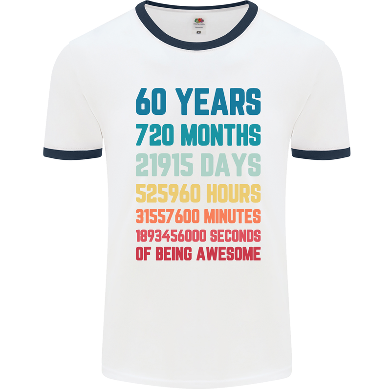 60th Birthday 60 Year Old Mens White Ringer T-Shirt White/Navy Blue