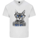 New York City Cat With Glasses Mens V-Neck Cotton T-Shirt White