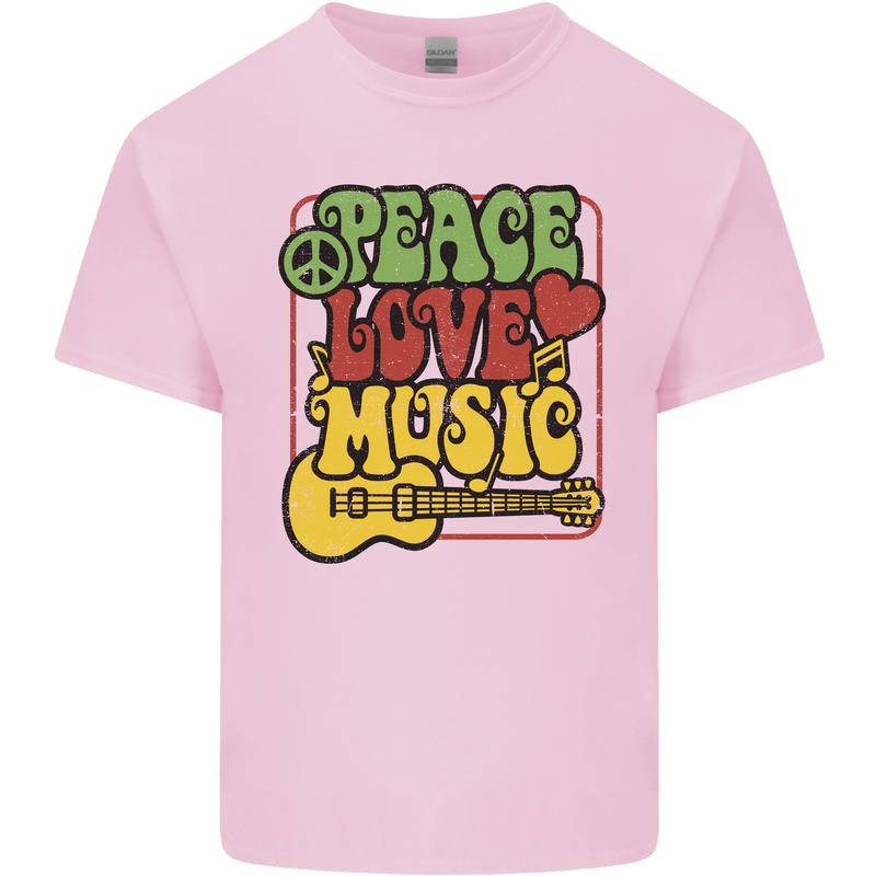 Peace Love Music Guitar Hippy Flower Power Kids T-Shirt Childrens Light Pink