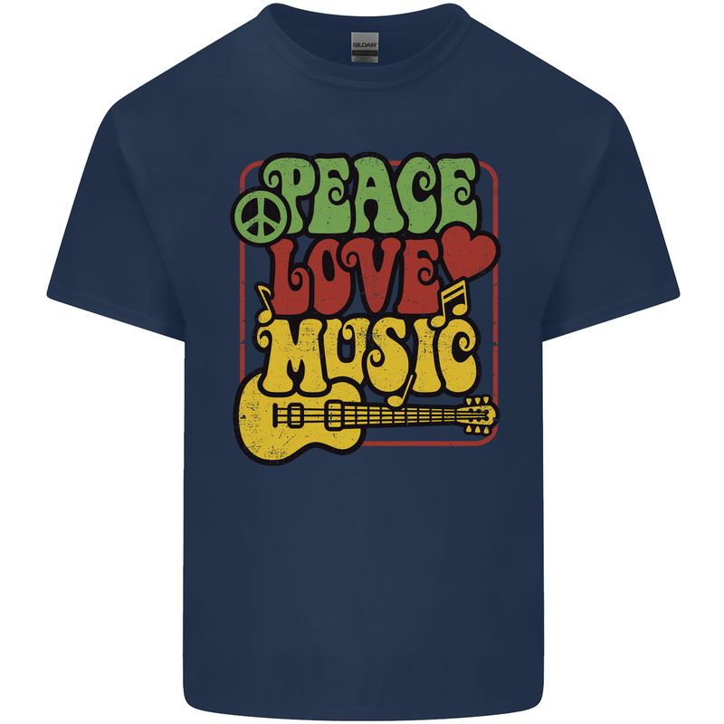 Peace Love Music Guitar Hippy Flower Power Kids T-Shirt Childrens Navy Blue