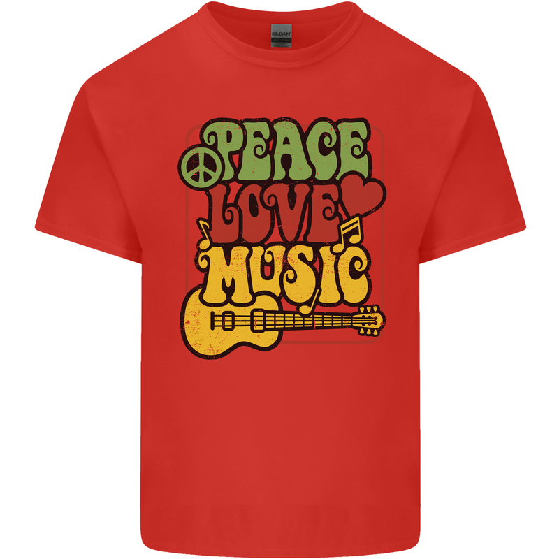 Peace Love Music Guitar Hippy Flower Power Kids T-Shirt Childrens Red